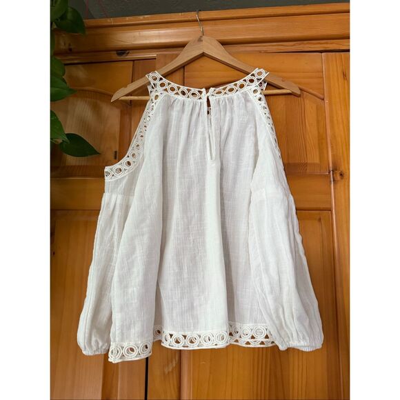 “Miss Love White Cold Shoulder Blouse Small Crochet Trim Boho Festival Top” - Picture 5 of 11